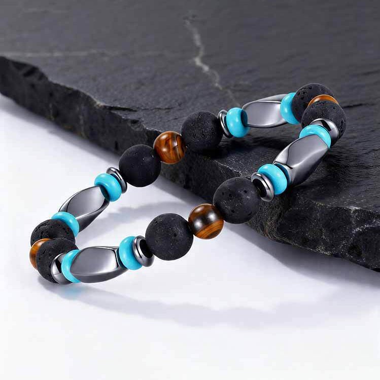 Kemstone Mixed Black Beaded Bracelet for Men Stainless Steel Spacer Stretch Chain BR-3143