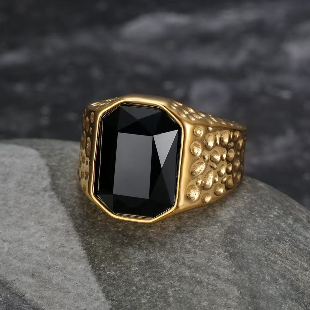 Kemstone Men’s Stainless Steel Hip Hop Ring – Gold Crystal Band TR0505