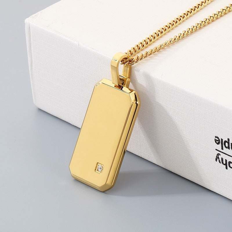 Kemstone Titanium Steel Tag Pendant Necklace for Men Minimalist Rectangular Cubic Zirconia KN301519-KFC