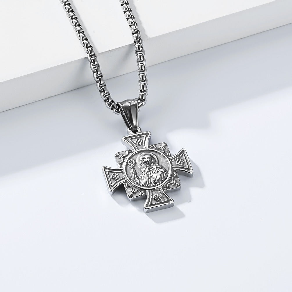 Kemstone Titanium Steel Cross Pendant Necklace for Men Vintage Engraved Medallion Silver Gold Black K-PT710