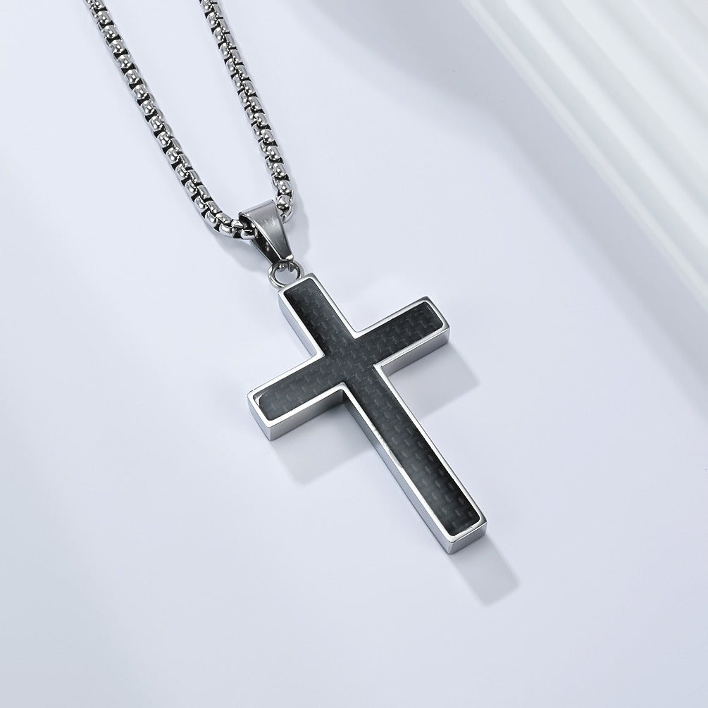 Kemstone Stainless Steel Cross Necklace for Men – Carbon Fiber Inlay Pendant K-PT666