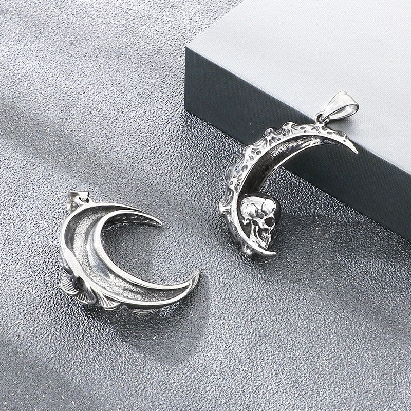 Kemstone Crescent Moon Pendant Necklace Titanium Steel Carved Floral Gothic Style for Men KP117749-LU