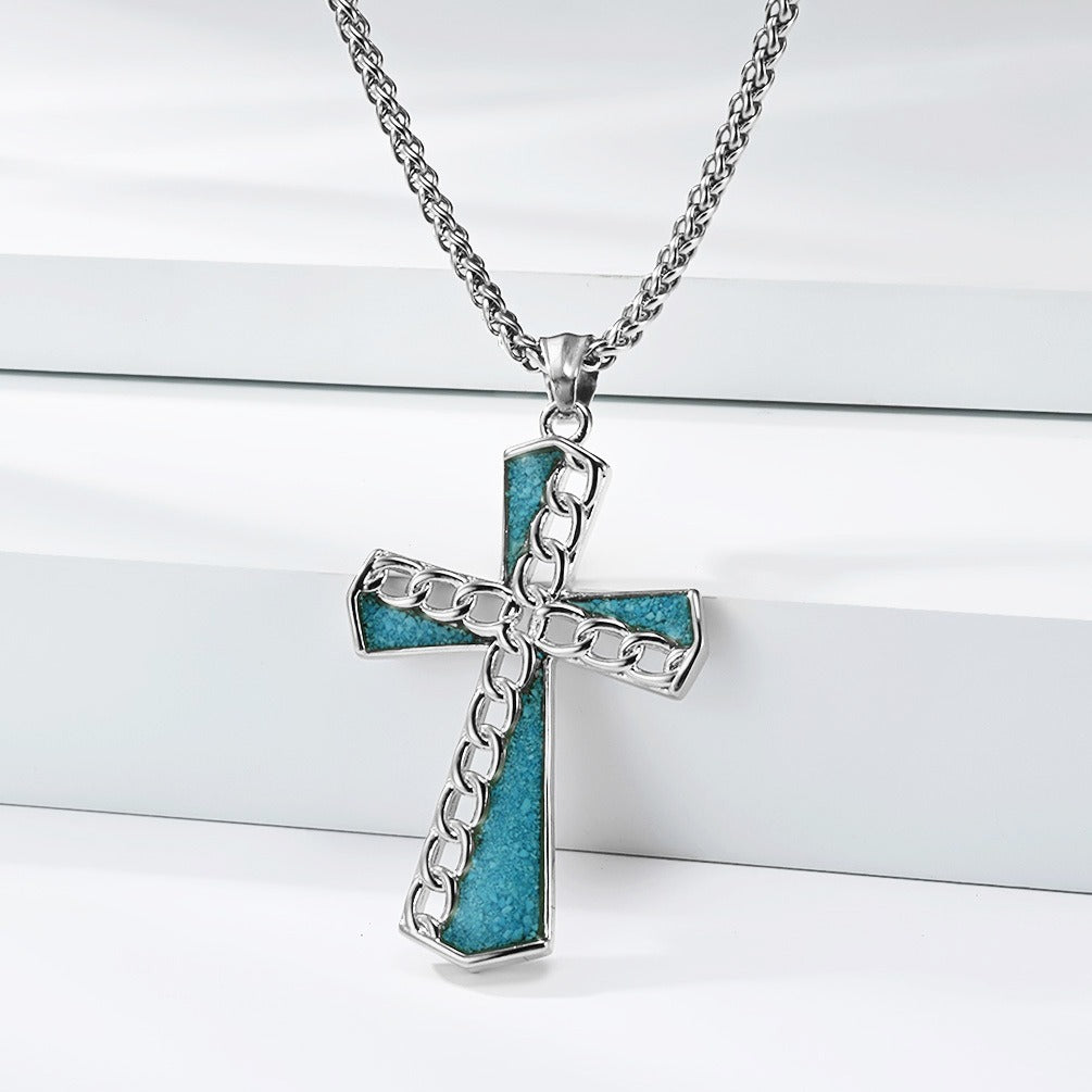 Kemstone Turquoise Inlay Stainless Steel Chain Cross Pendant Necklace for Men K-PT700