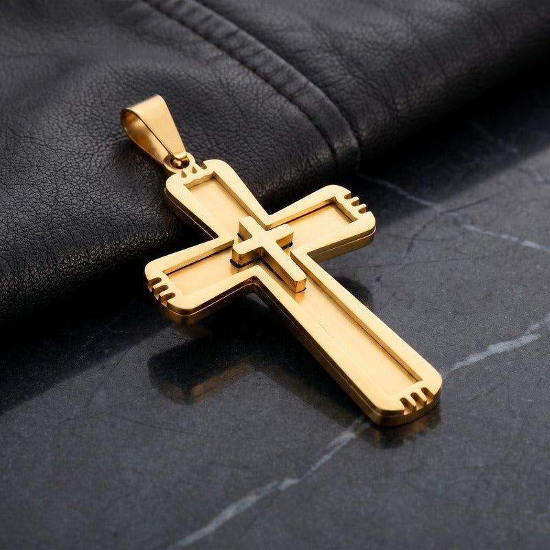 Kemston Double Layer Cross Pendant Necklace for Men Stainless Steel Inset Cross Design KP119384-KL