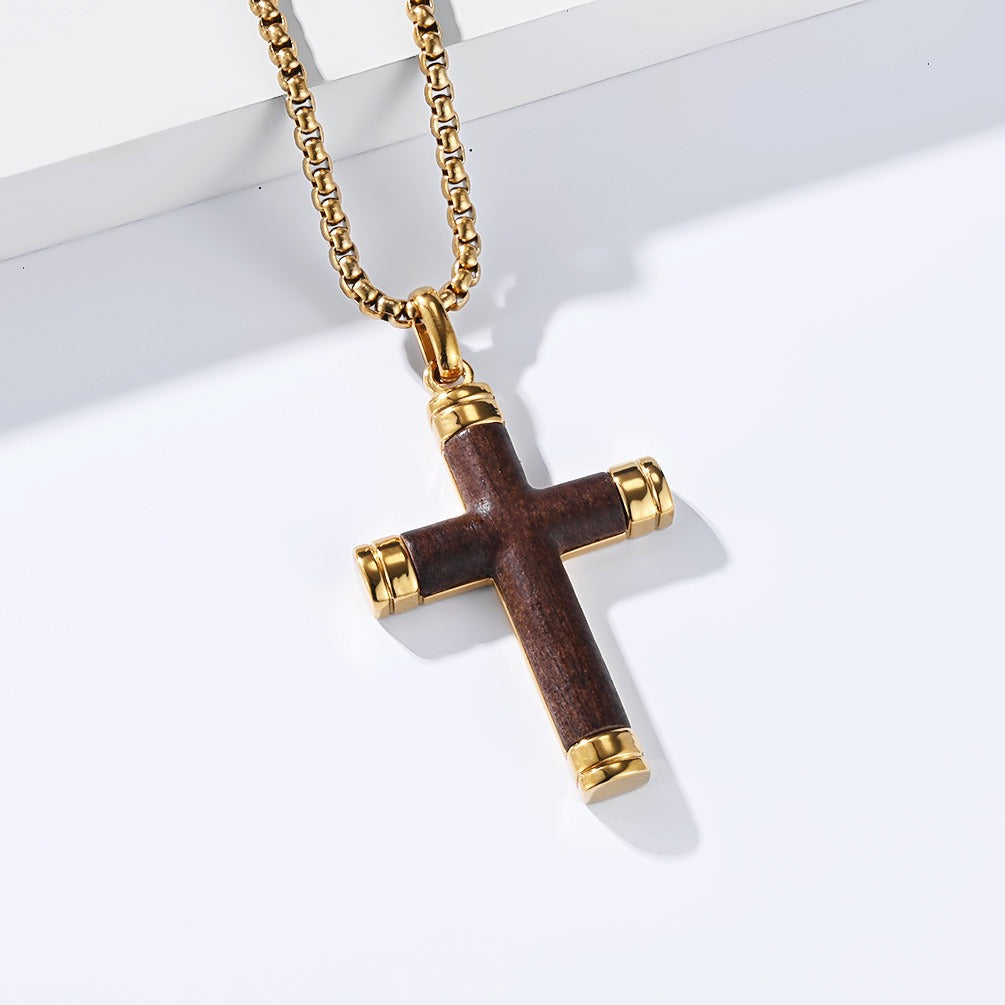 Kemstone Wood Inlay Cross Necklace for Men Stainless Steel Pendant K-PT737