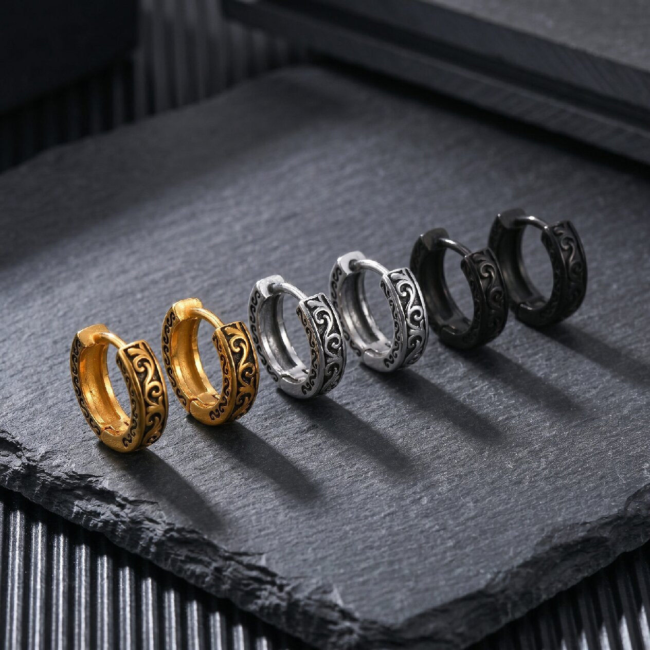 Kemstone Stainless Steel Engraved Hoop Earring for Men Women Vintage EH-839