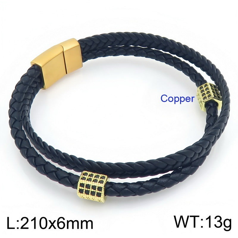 Kemstone Double Layer Braided Leather Bracelet for Men Copper Accent KB214771-SJ