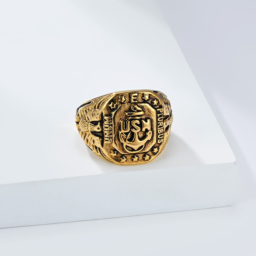 Kemstone Men’s Stainless Steel Anchor Eagle Ring – Vintage Marine Symbol of Strength K-R1088