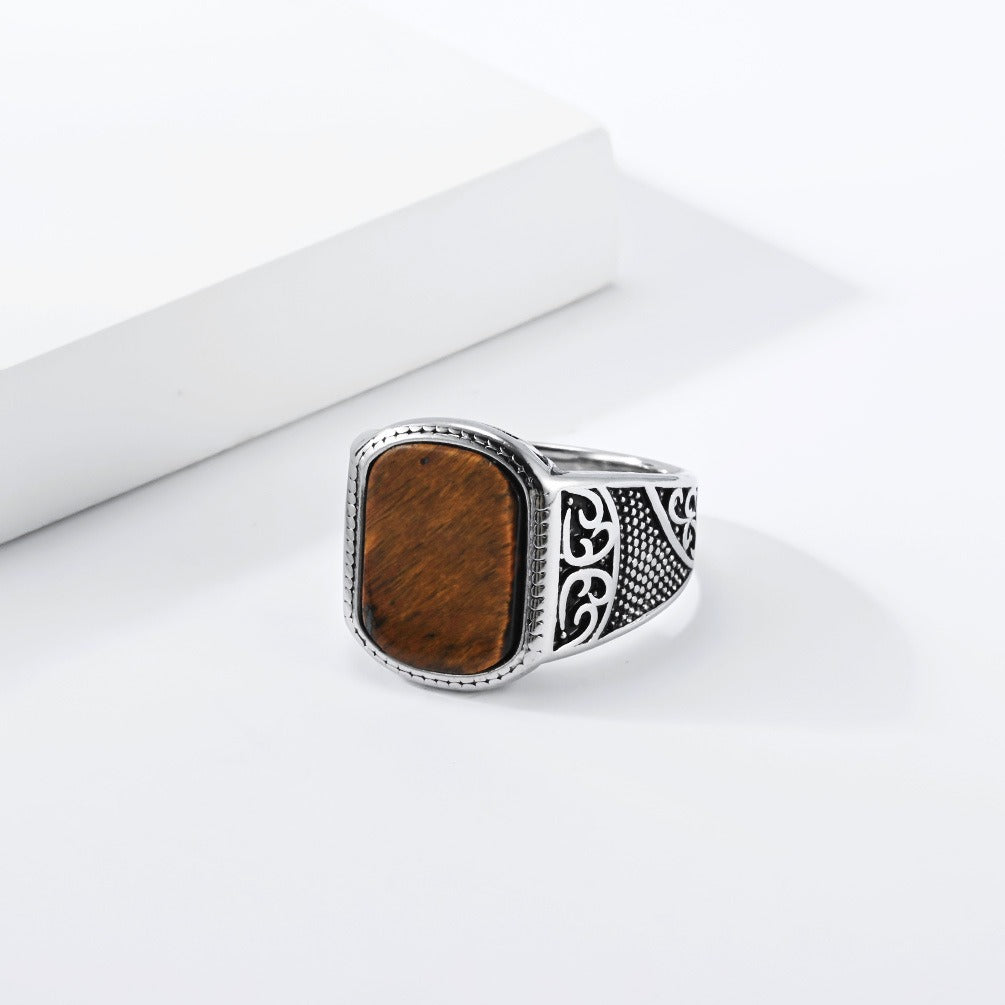 Kemston Vintage Signet Ring for Men Stainless Steel Square Stone Engraved Design K-R1197