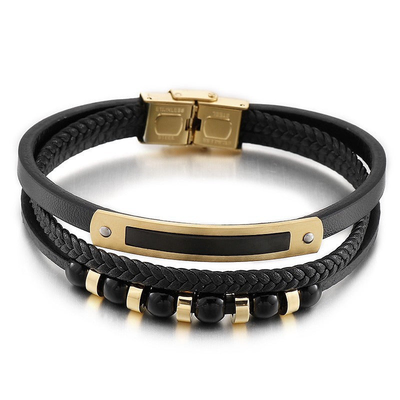Kemstone Multi-Layer Braided Leather Bracelet for Men Beaded Titanium Steel KB147788-KLHQ