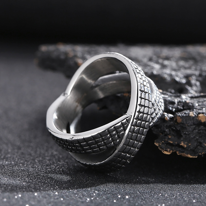 Kemstone Crossed Infinity Grid Titanium Steel Ring for Men – Vintage Oxidized Wide KR104179-BDJX