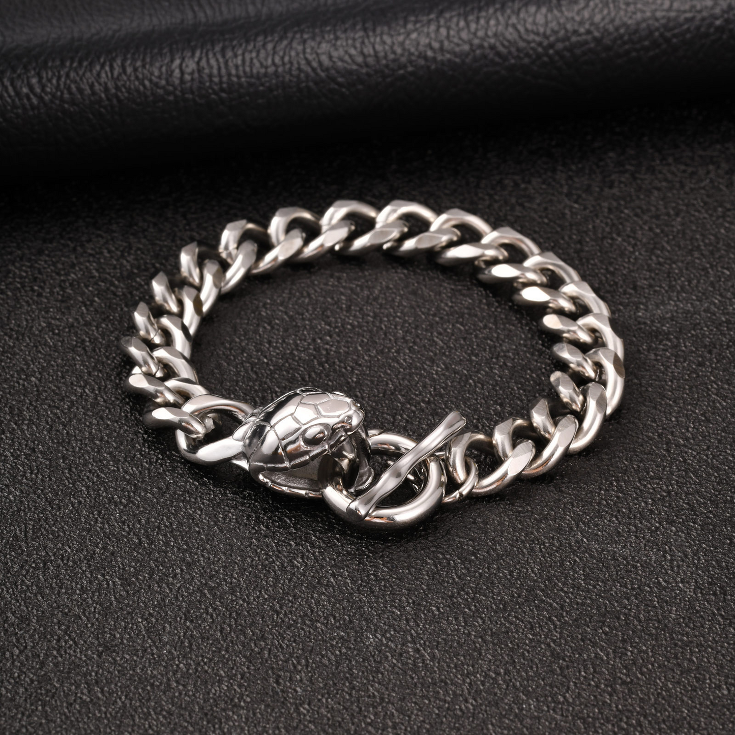 Kemstone Stainless Steel Snake Head Cuban Link Bracelet for Men OT Clasp Silver BR-2810