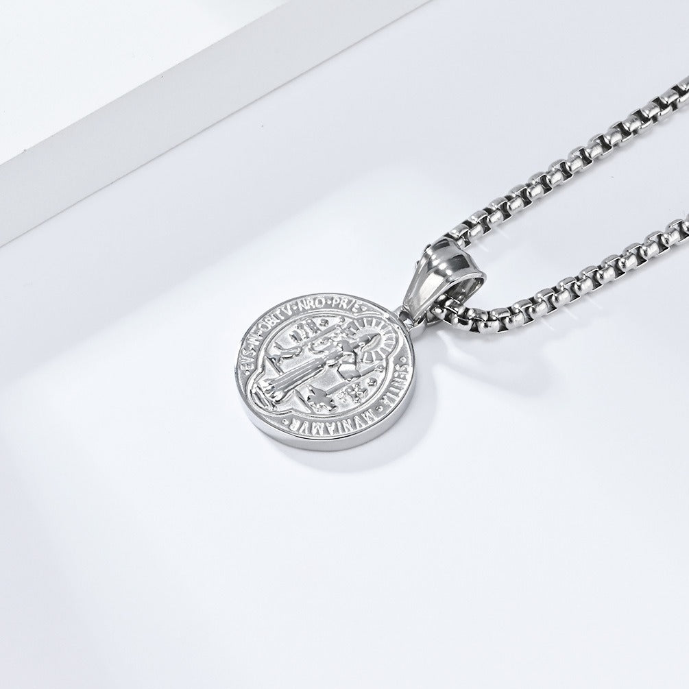 Kemstone Stainless Steel Saint Benedict Exorcism Coin Pendant Necklace for Men K-PT549