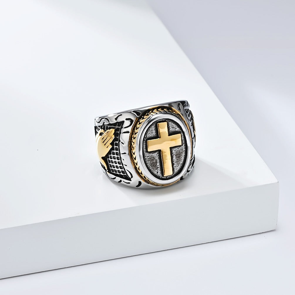 Kemstone Stainless Steel Vintage Cross Signet Ring for Men K-R958