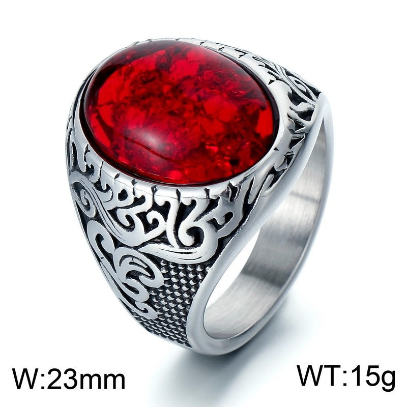 Kemstone Viking Rune Ring – Cracked Stone Titanium Steel Band for Men, Norse Mythology Gothic Style KR110138
