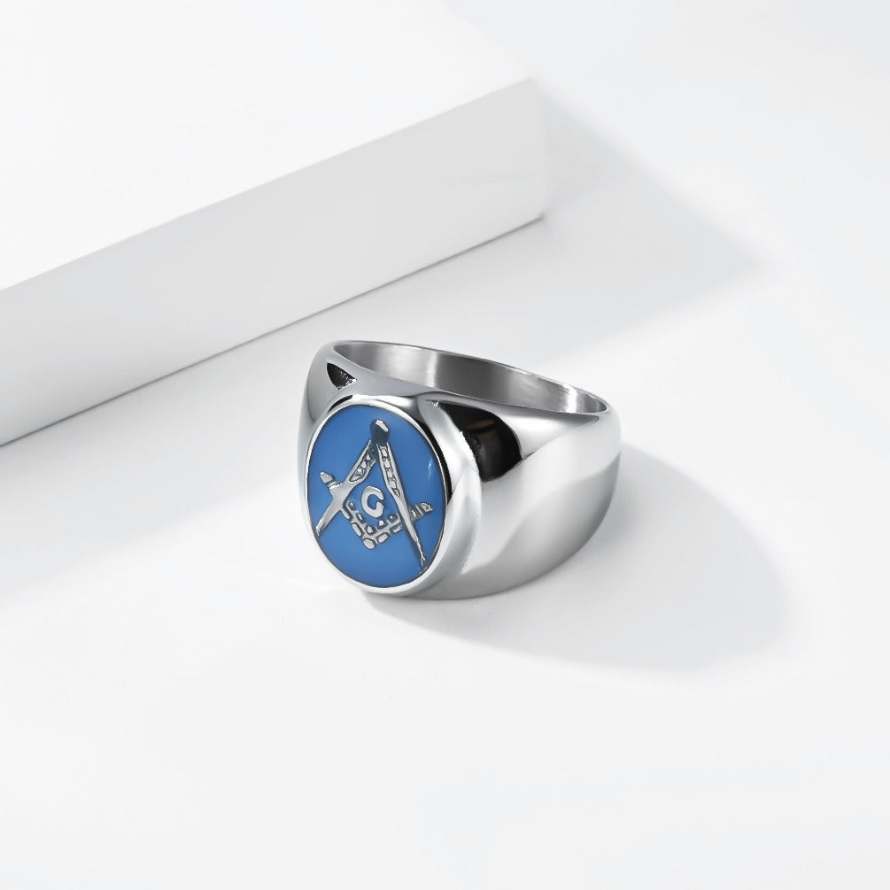 Kemstone Stainless Steel Freemason Blue Emblem Signet Ring for Men Vintage Symbol K-R1182