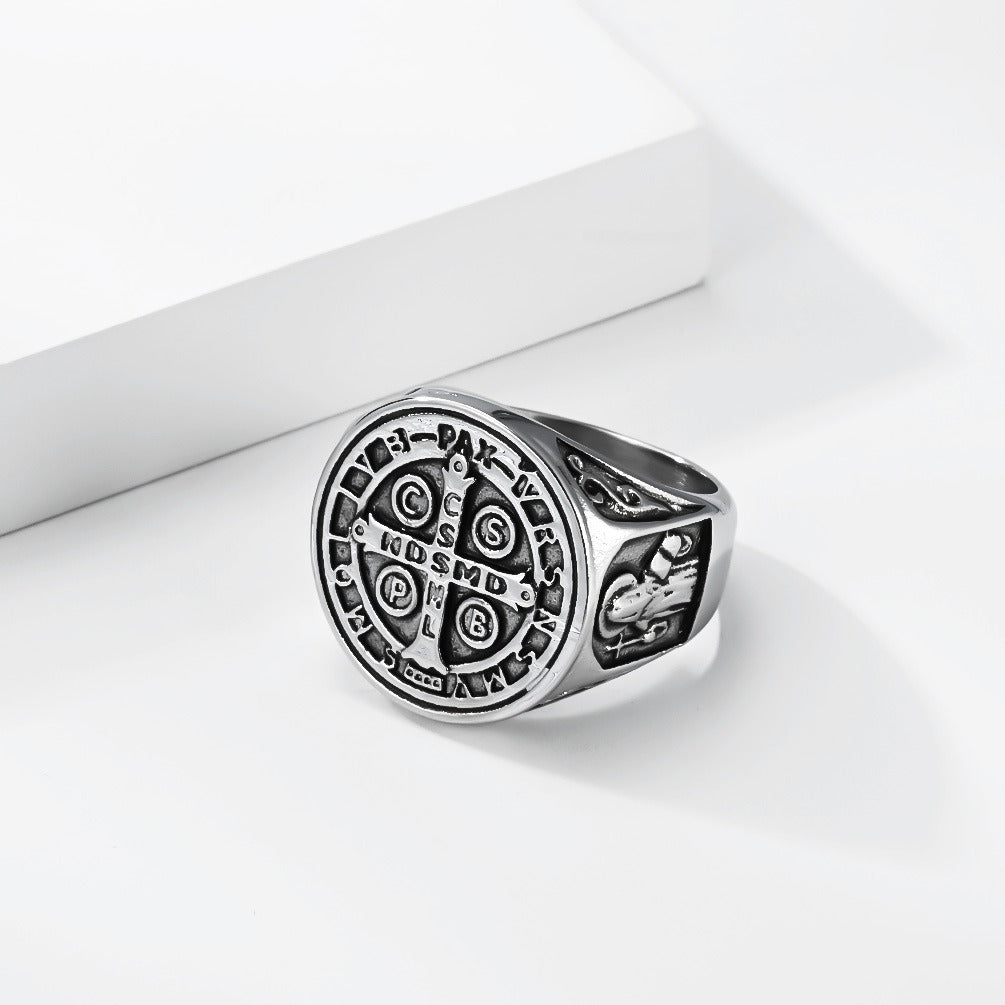 Kemstone Stainless Steel Cross Medallion Ring for Men Vintage Engraved Coin Signet Seal Symbol Silver Gold Black K-R1143