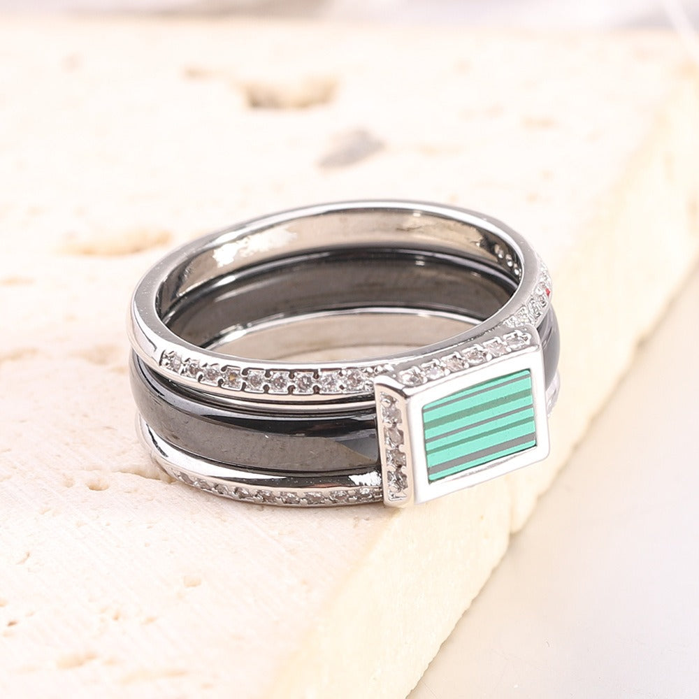 Kemstone Ceramic Ring for Men & Women Square Center Geometric Couple Band CM1066