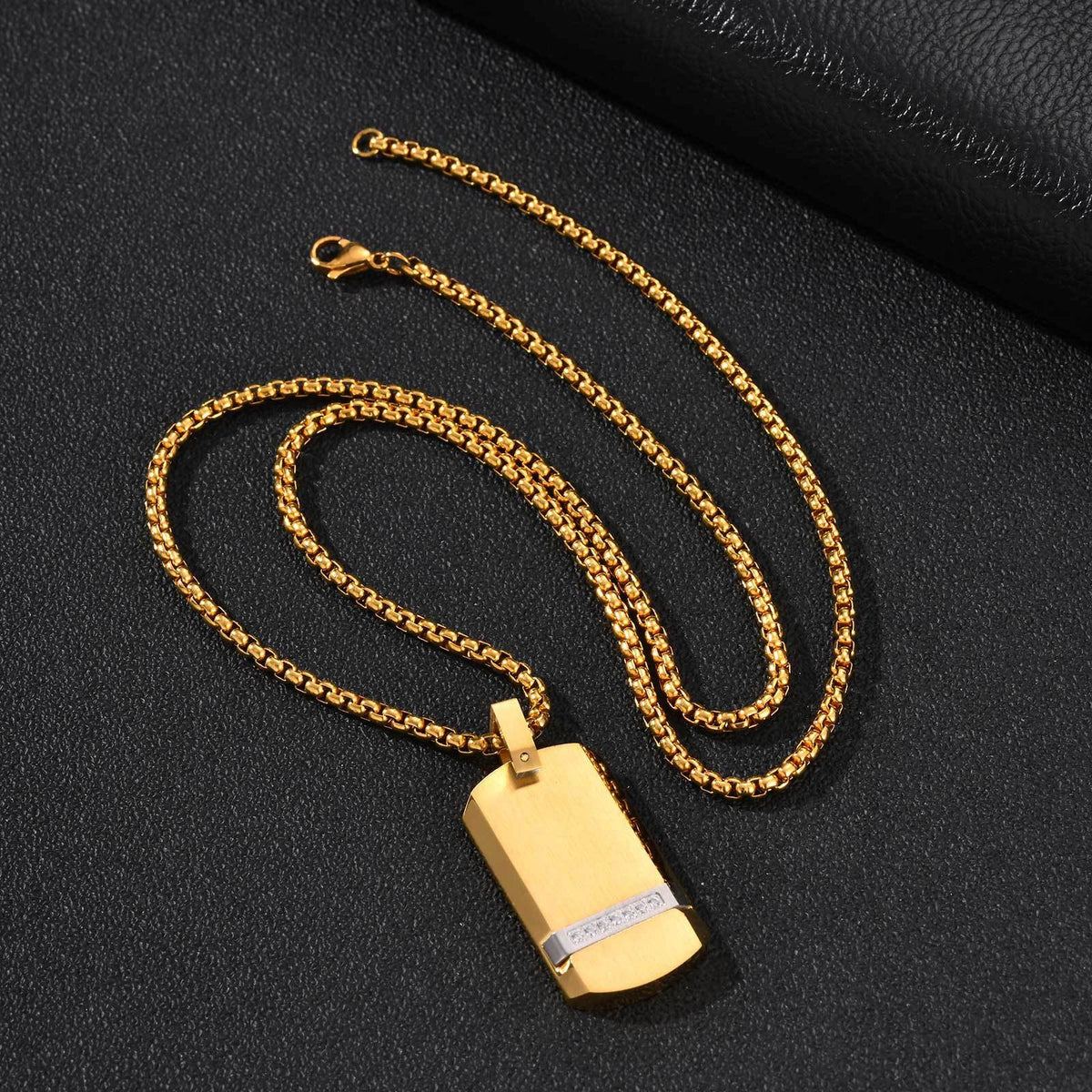 Kemstone Black Rectangular Pendant Necklace for Men Stainless Steel Cubic Zirconia Detail Punk Style PN-240
