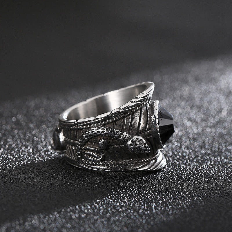 Kemstone Titanium Steel Snake Ring – Crystal Inlay Punk Style for Men KR101856-KFC