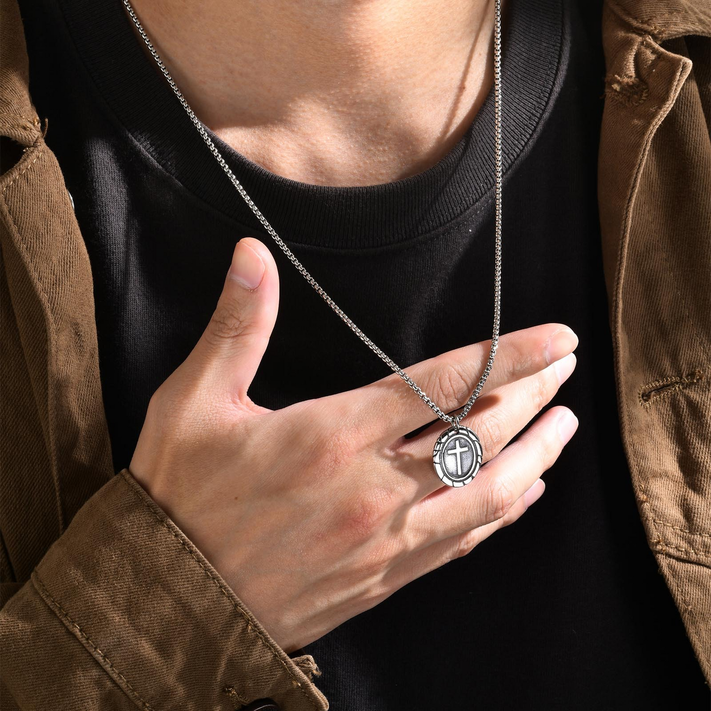 Kemstone Stainless Steel Double-Sided Cross Oval Pendant Necklace for Men PN-1808