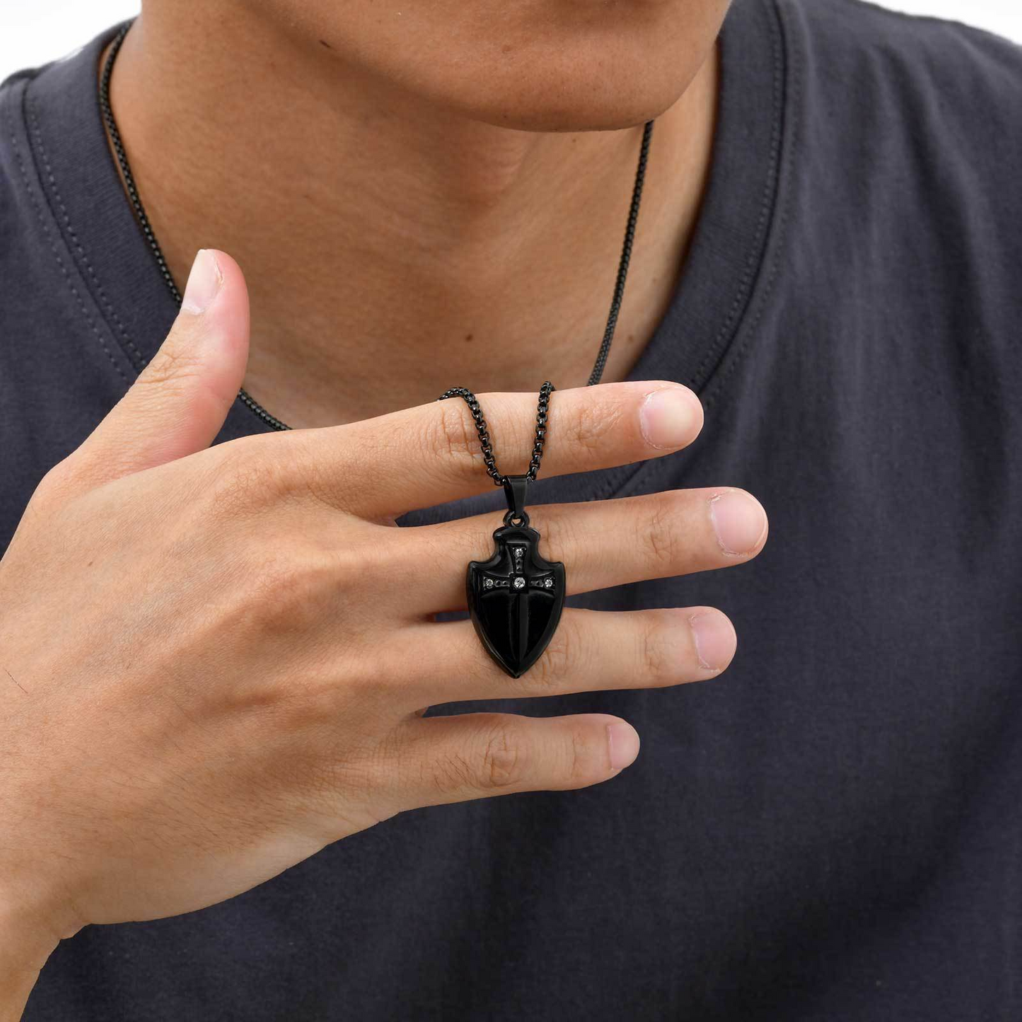 Kemstone Stainless Steel Shield Pendant Necklace for Men Cubic Zirconia Sword Design PN-2177