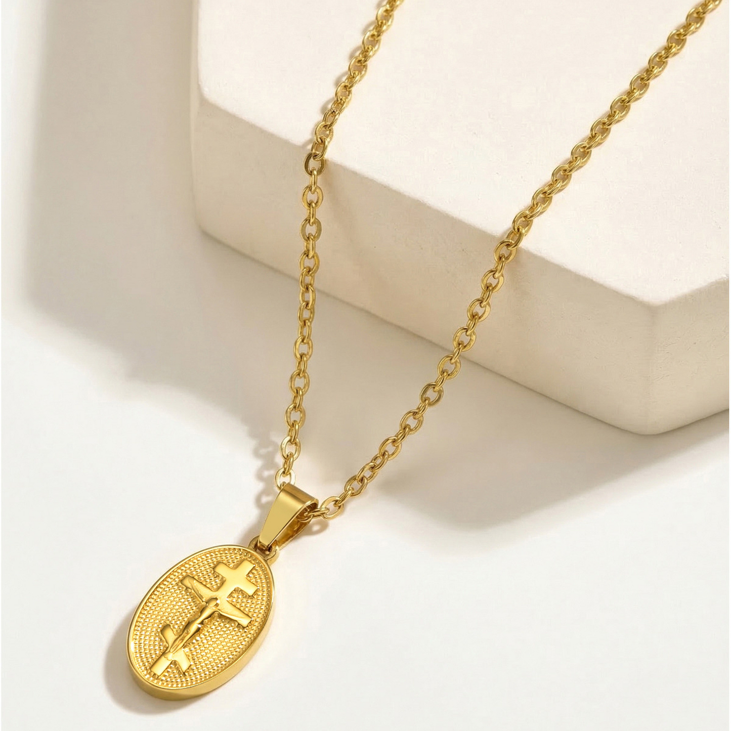 Kemstone Vintage Cross Oval Pendant Necklace Stainless Steel for Men & Women PN-2335