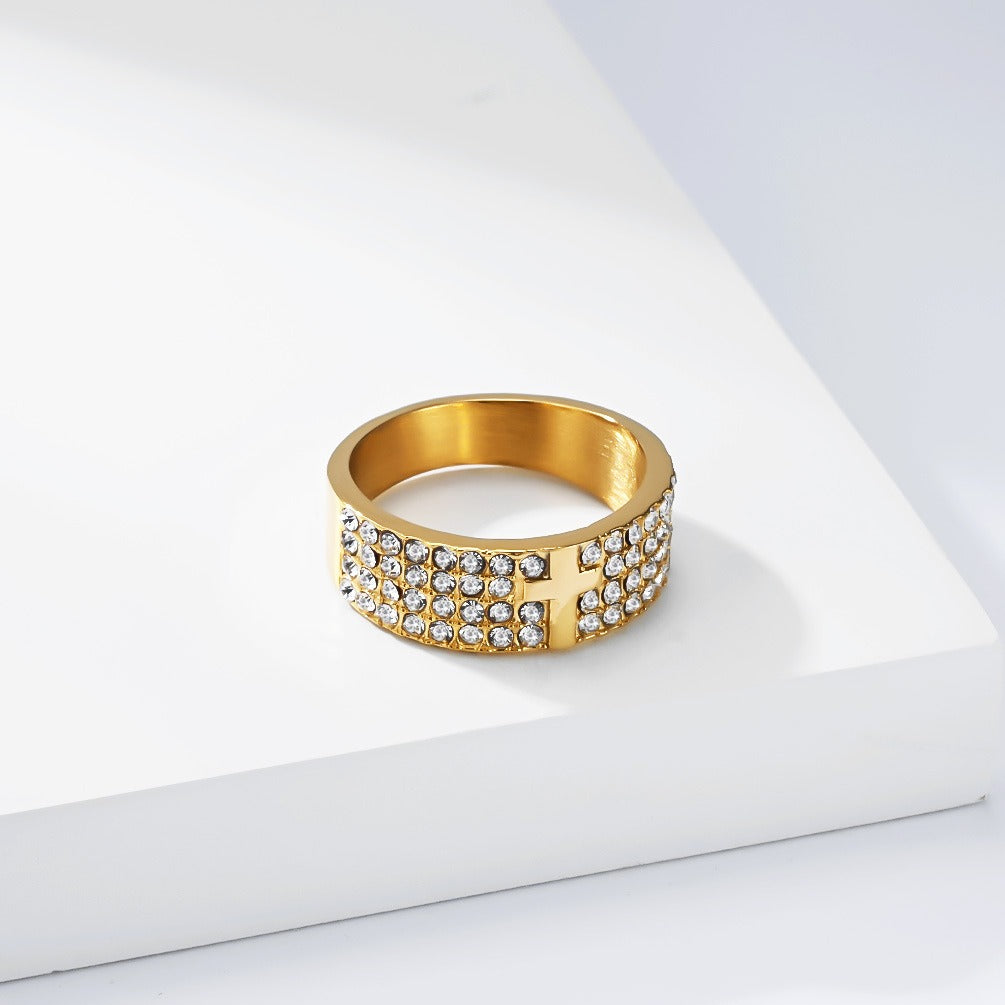 Kemstone Iced Out Cross Ring for Men Stainless Steel Wide Band Hip Hop K-R1217