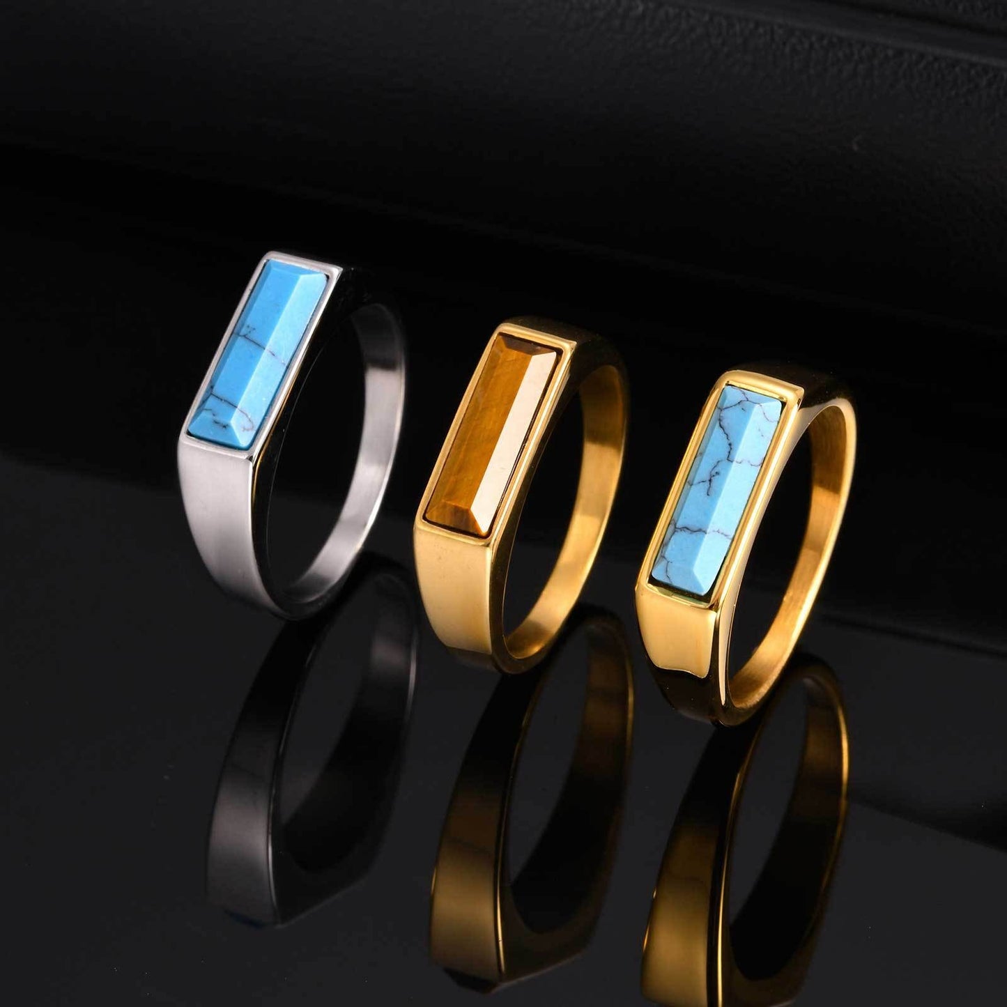 Kemstone Stainless Steel Stone Ring – Men’s Jewelry Turquoise Lapis Tiger Eye RC-712