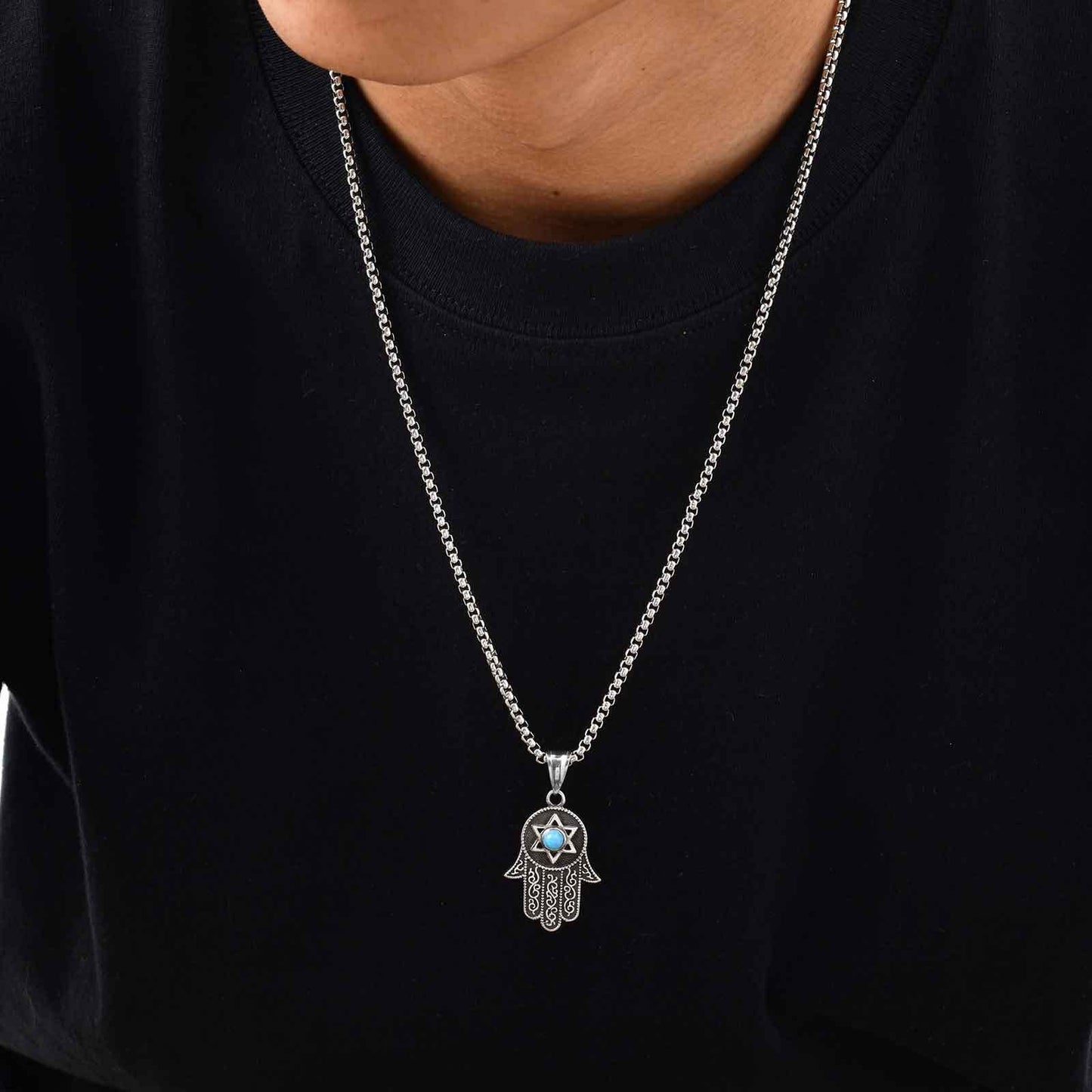Kemstone Stainless Steel Hamsa Hand Necklace – Hexagram Turquoise Pendant for Men PN-2232
