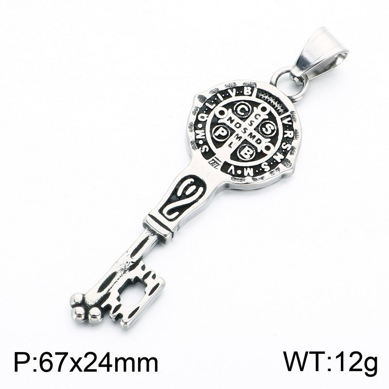 Kemston Stainless Steel Snake Wrap Rune Key Pendant Necklace for Men Gothic Labyrinth Symbol Key Charm KP118633-LU