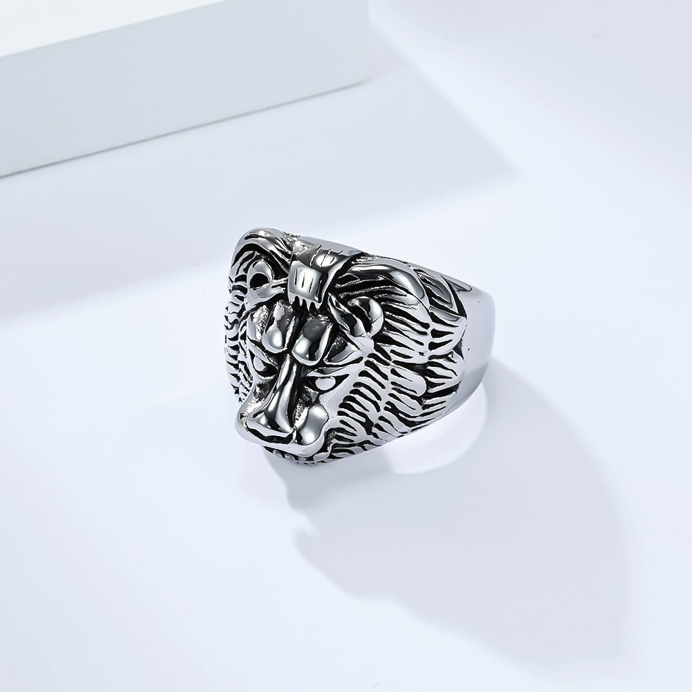 Kemstone Stainless Steel Lion Head Ring for Men Vintage Textured K-R1066