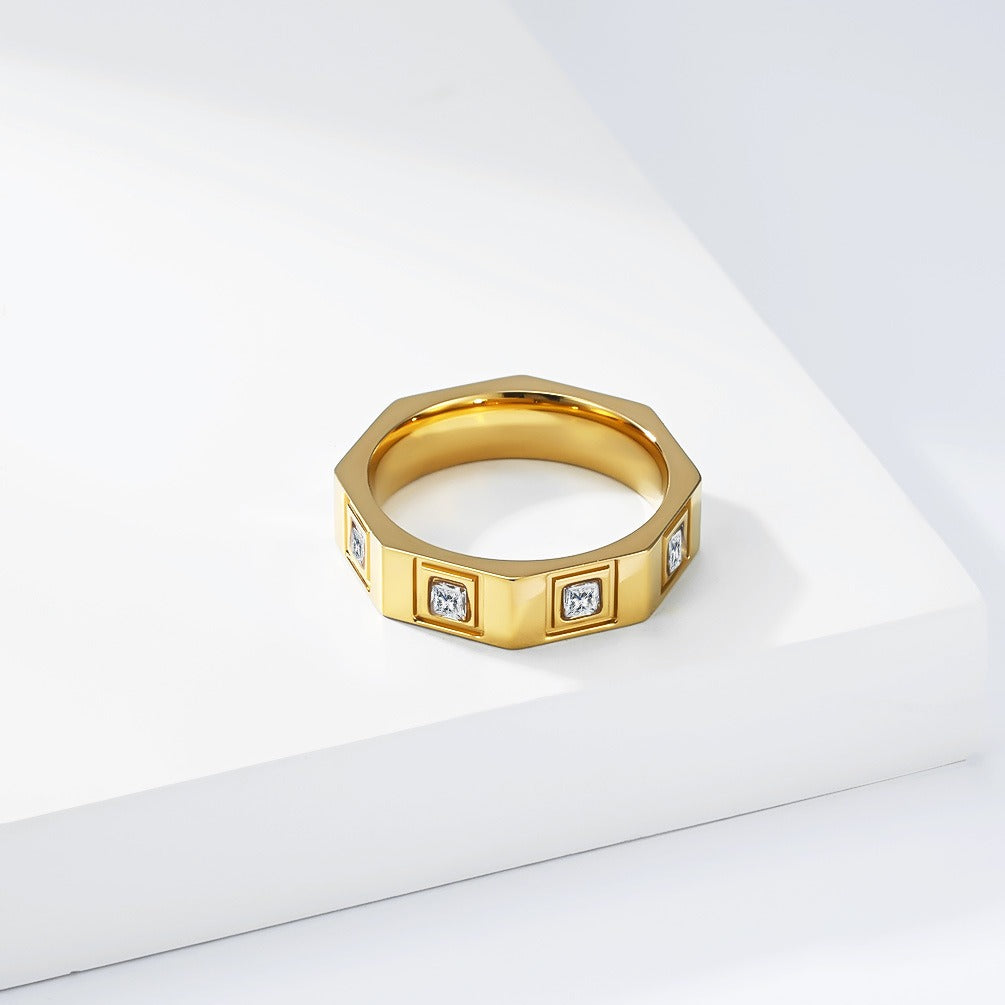 Kemstone Octagonal Cubic Zirconia Geometric Stainless Steel Ring for Men & Women K-R1129