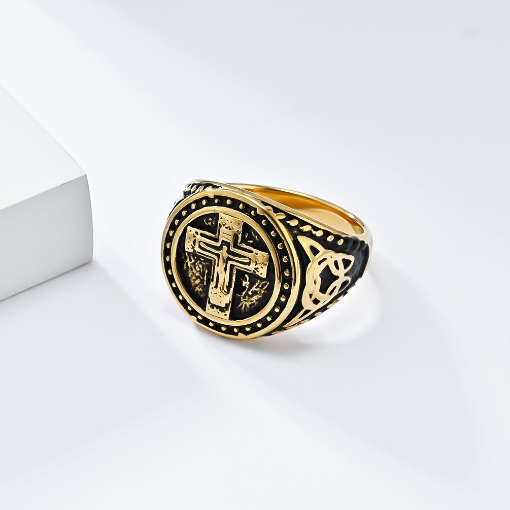 Kemstone Stainless Steel Round Cross Ring for Men K-R896