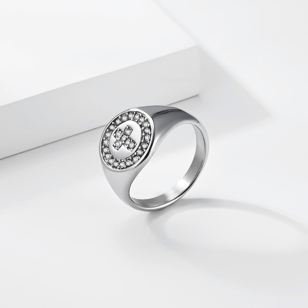 Kemstone Stainless Steel Cross Signet Ring with Cubic Zirconia Halo for Men & Women Gold Silver K-R1139