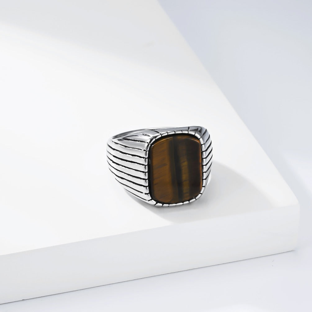 Kemstone Stainless Steel Tiger Eye & Turquoise Signet Ring for Men Square Stone K-R1174