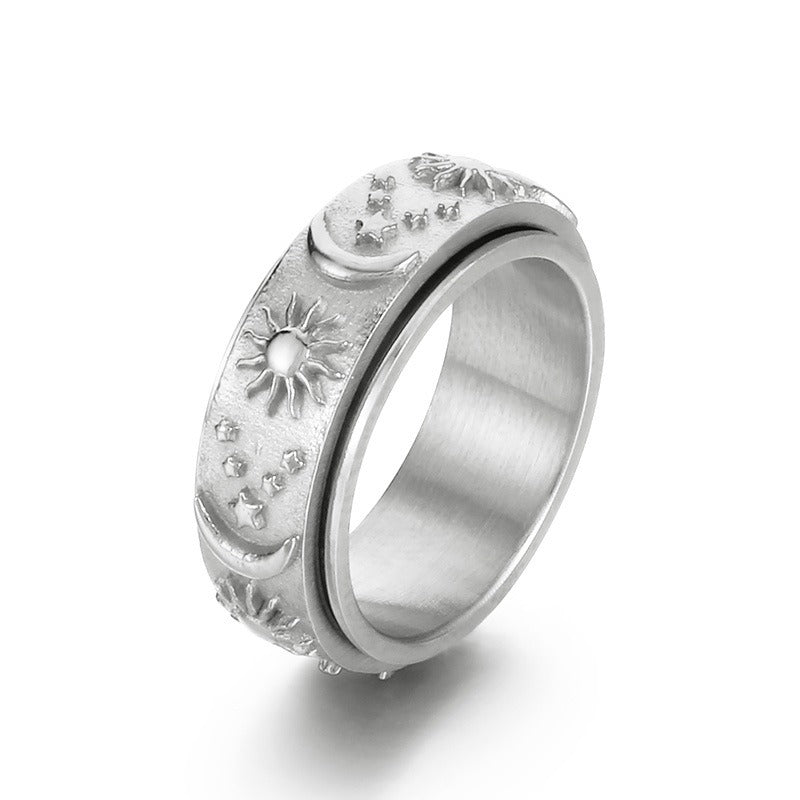 Kemstone Celestial Spinner Ring – Titanium Steel Sun Moon Star Fidget Band for Men, Gothic Streetwear Style KR105136