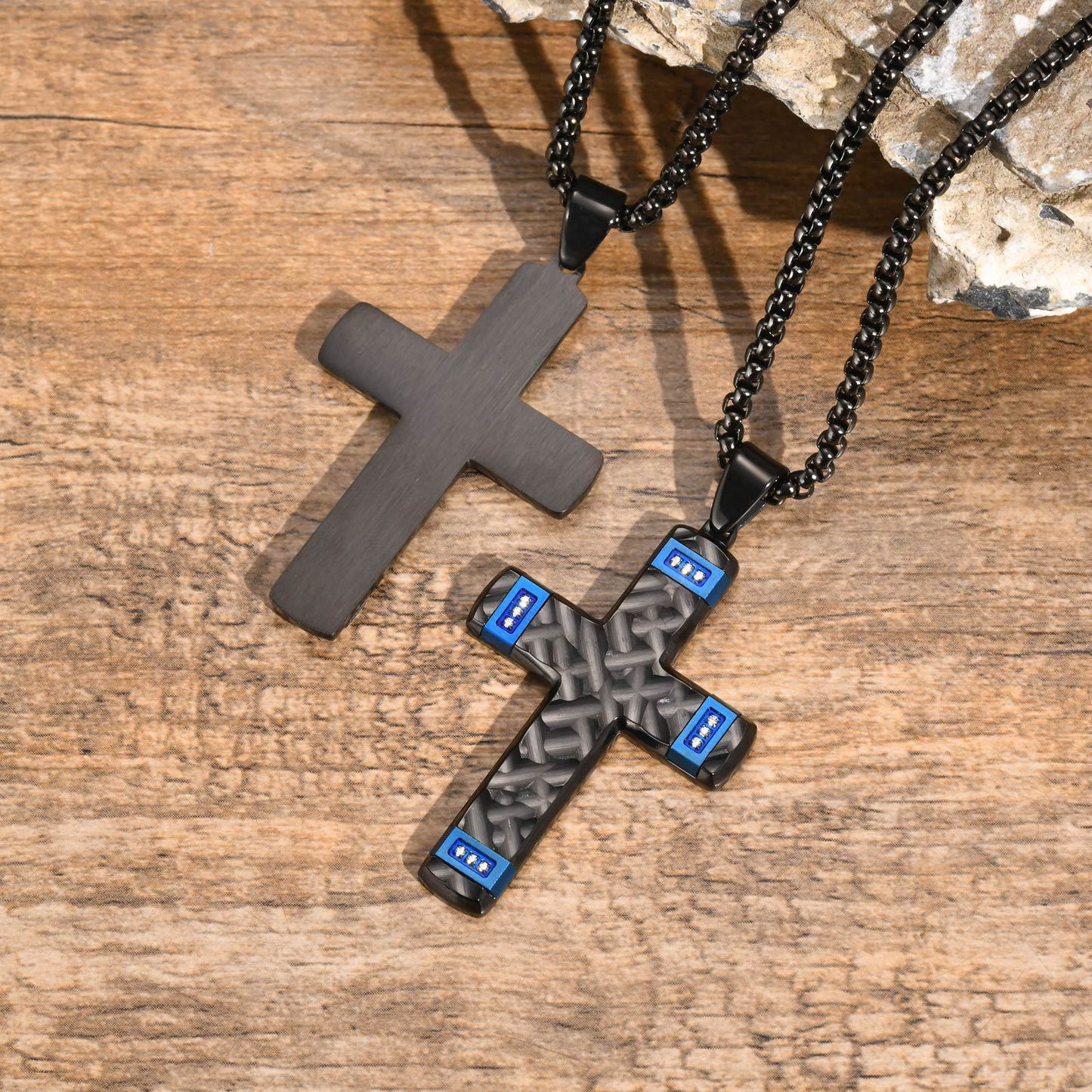 Kemstone Textured Cross Pendant Necklace for Men Stainless Steel Cubic Zirconia Accent PN-2104