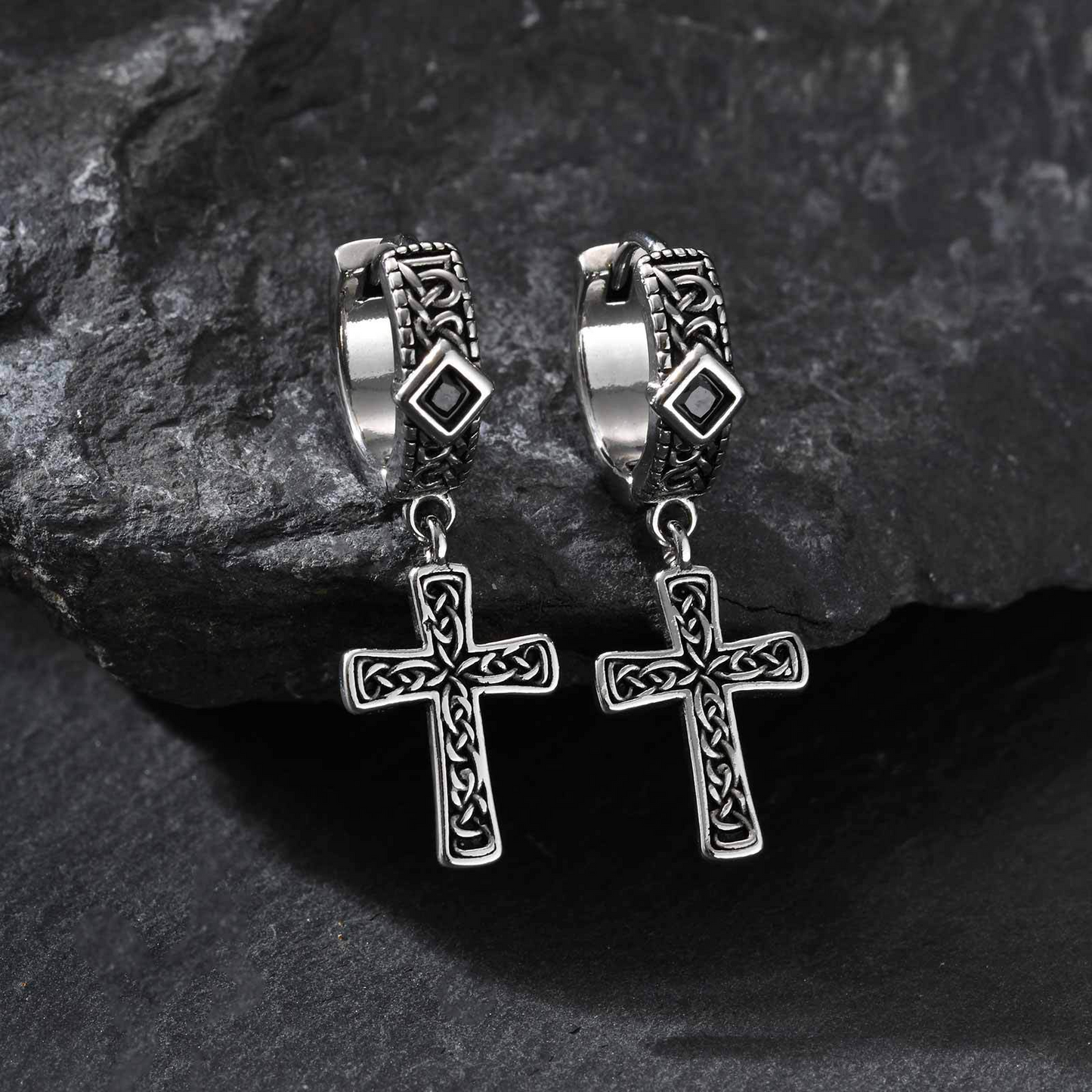 Kemstone Stainless Steel Cross Hoop Earrings – Structured Frame & Drop Detail EH-787