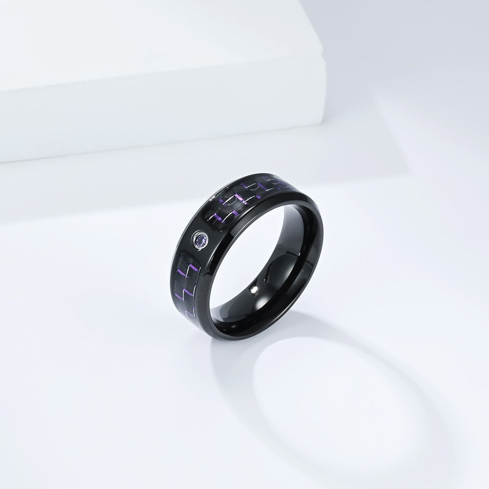 Kemstone Men’s Stainless Steel Cubic Zirconia Carbon-Fiber Ring – Black 8mm Modern K-R1098