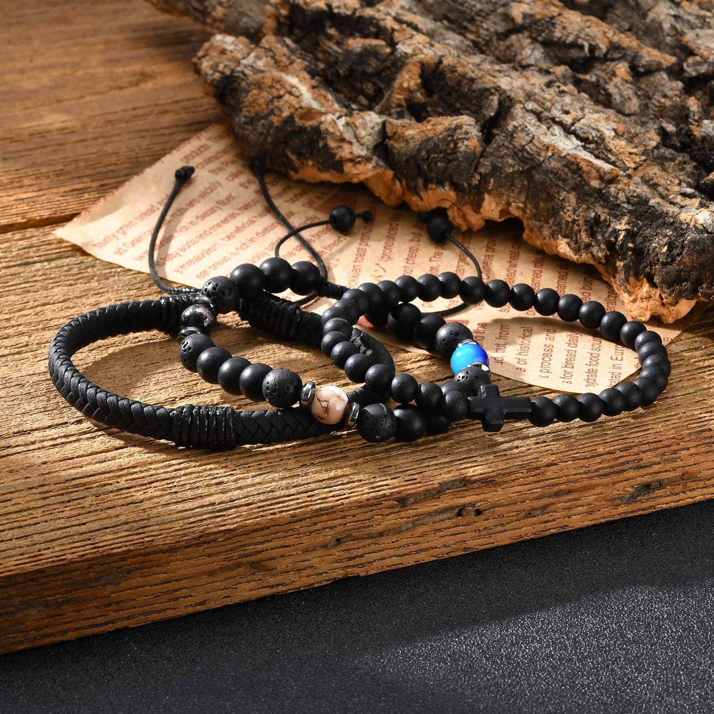 Kemstone Men’s Beaded Bracelet Set – Black Onyx, Lava Stone & Leather BR-2751