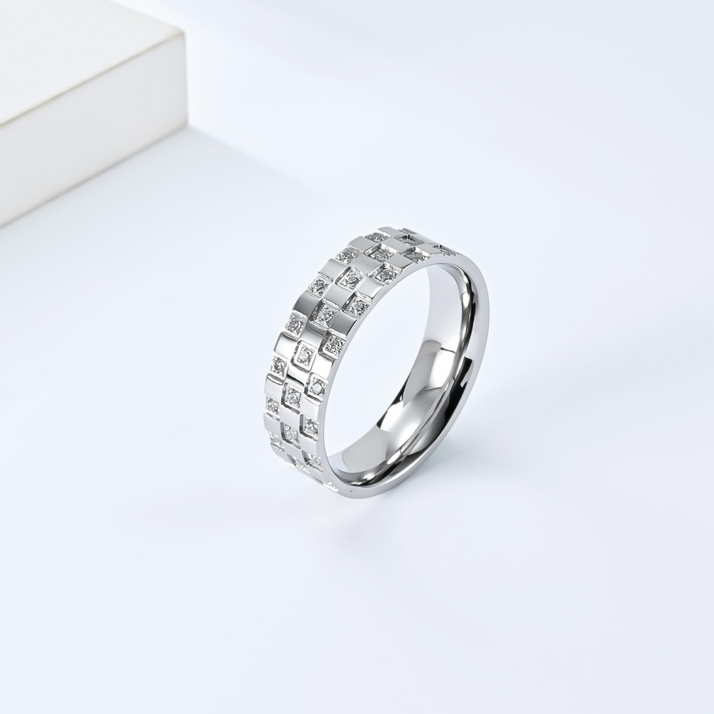 Kemstone Titanium Steel Grid Cubic Zirconia Ring Geometric Design for Men Women K-R743