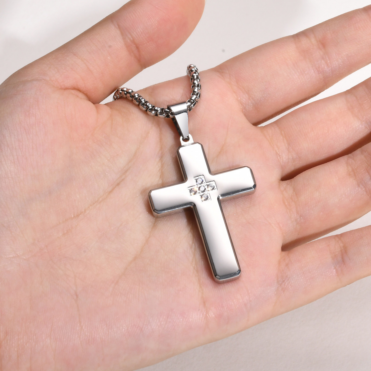 Kemstone Stainless Steel Cross Pendant Necklace with Cubic Zirconia Inlay for Men PN-2044