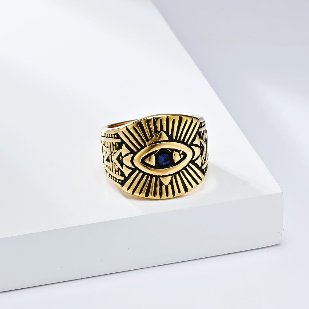 Kemstone Stainless Steel All-Seeing Eye Ring with Blue Zirconia for Men – Vintage Design K-R960