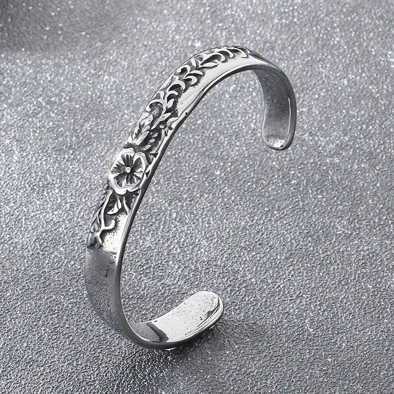 Kemstone Vintage Floral Engraved Titanium Steel Cuff Bracelet – Open Design for Men & Women KB209296-LU
