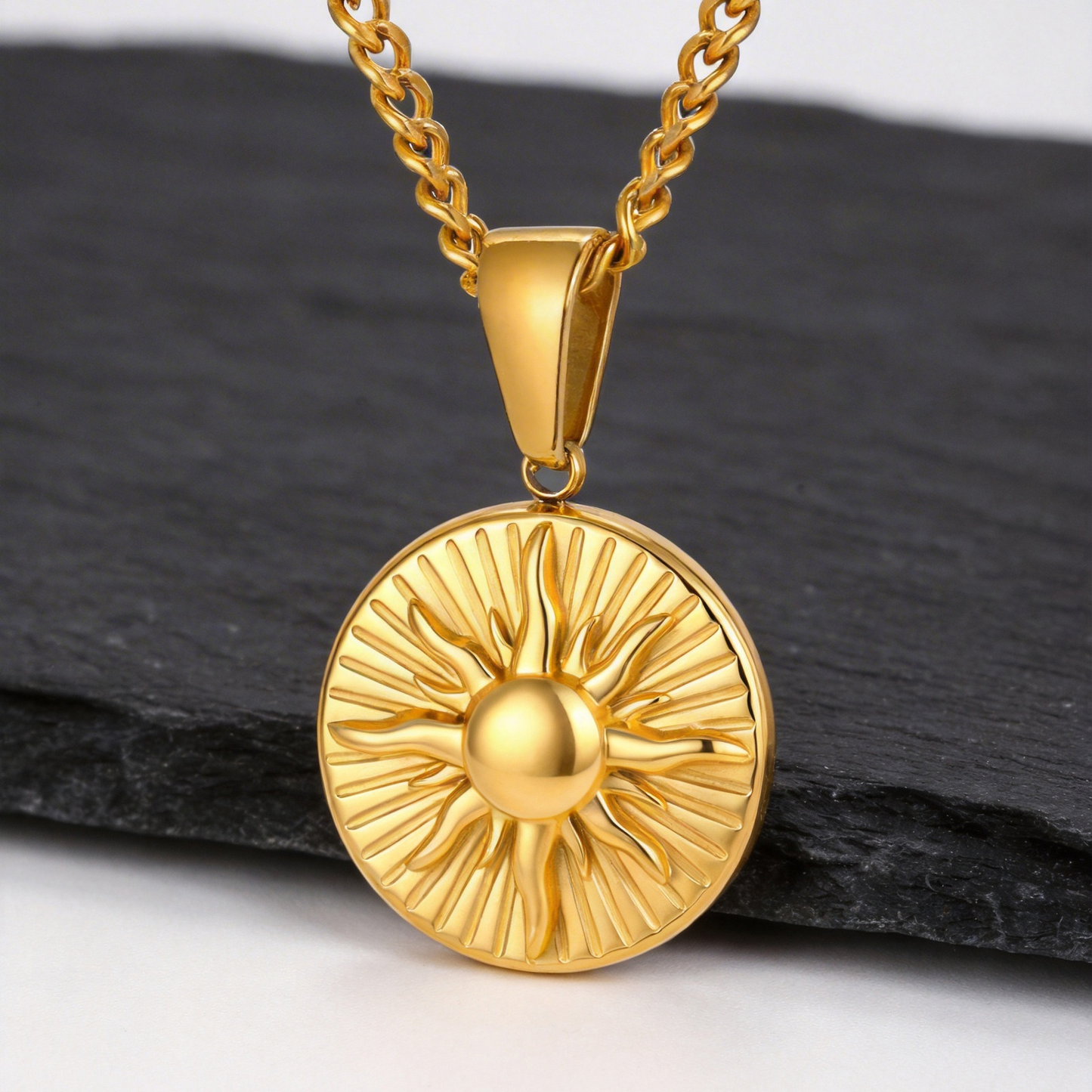 Kemstone Stainless Steel Sun Pendant Necklace for Men Round Disc Gold Silver PN-2306