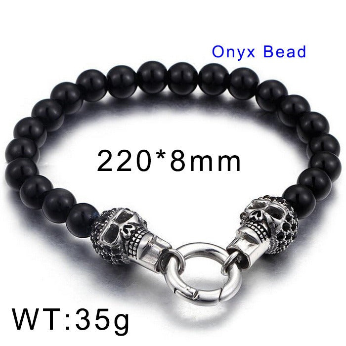 Kemstone Black Onyx Skull Bead Bracelet & Necklace – Titanium Steel with Cubic Zirconia Detail for Men B81841-BD