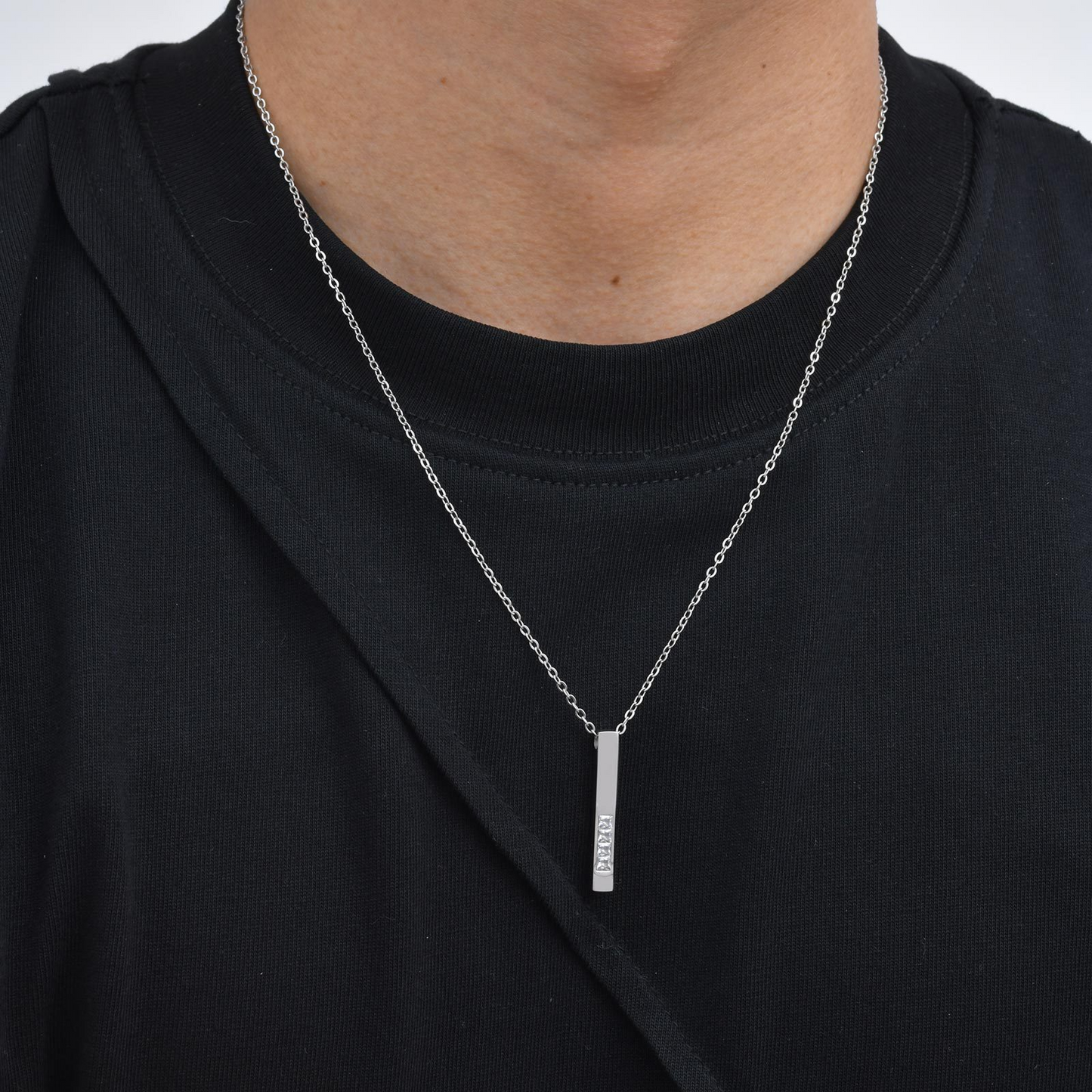 Kemstone Stainless Steel Cubic Zirconia Bar Pendant Necklace for Men NC-2272