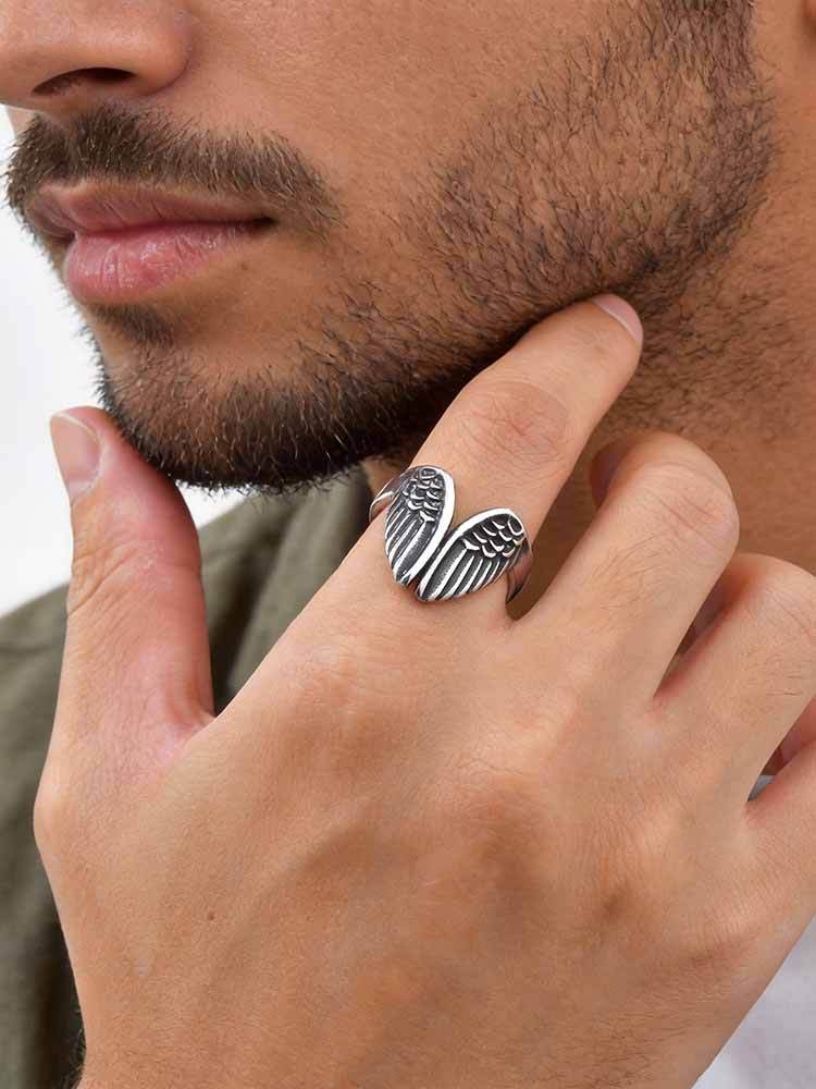 Kemstone Stainless Steel Wing Open Ring for Men Matte Silver Style RC-1138