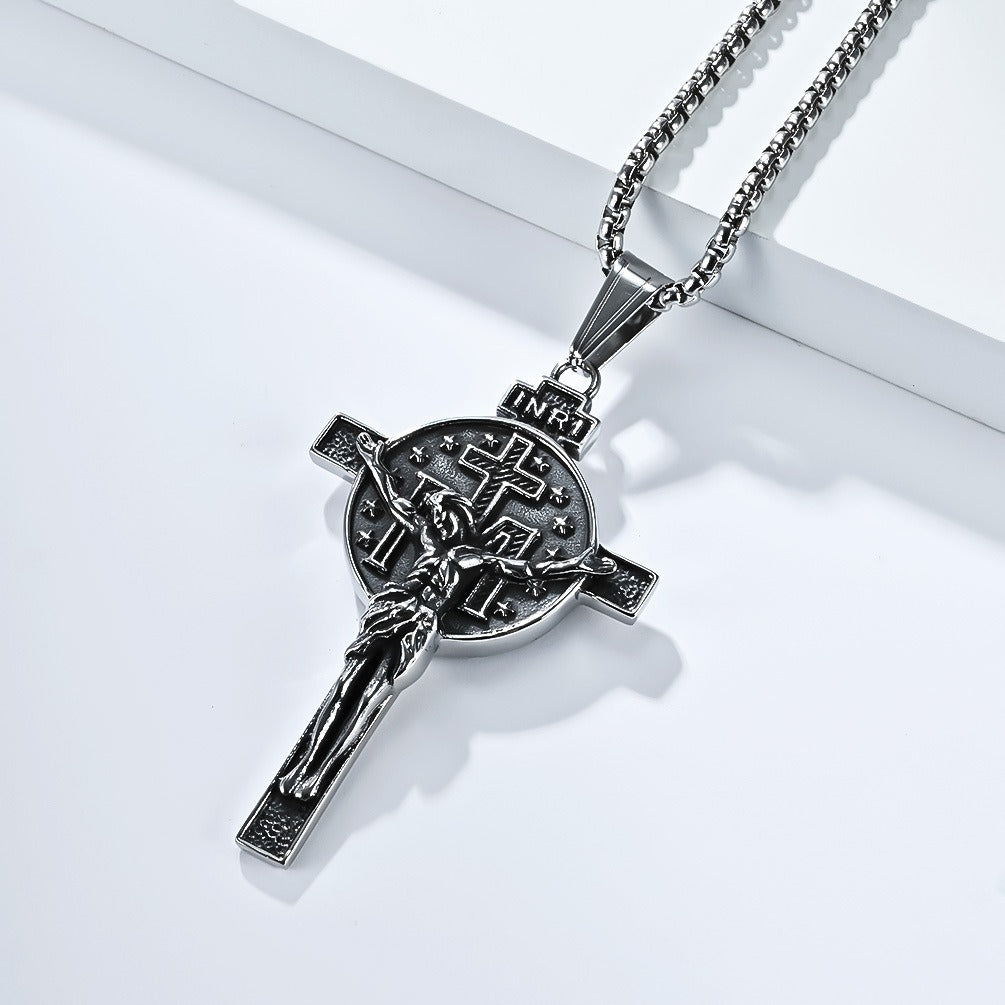 Kemstone Men’s Titanium Steel Cross Necklace – Vintage Relief Pendant K-PT641